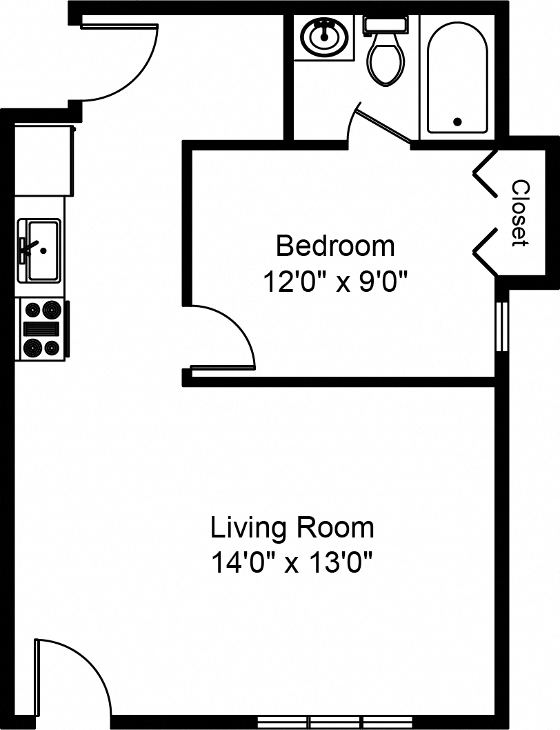 Floor plan for 1 bed, 1 bath, 450 sqft